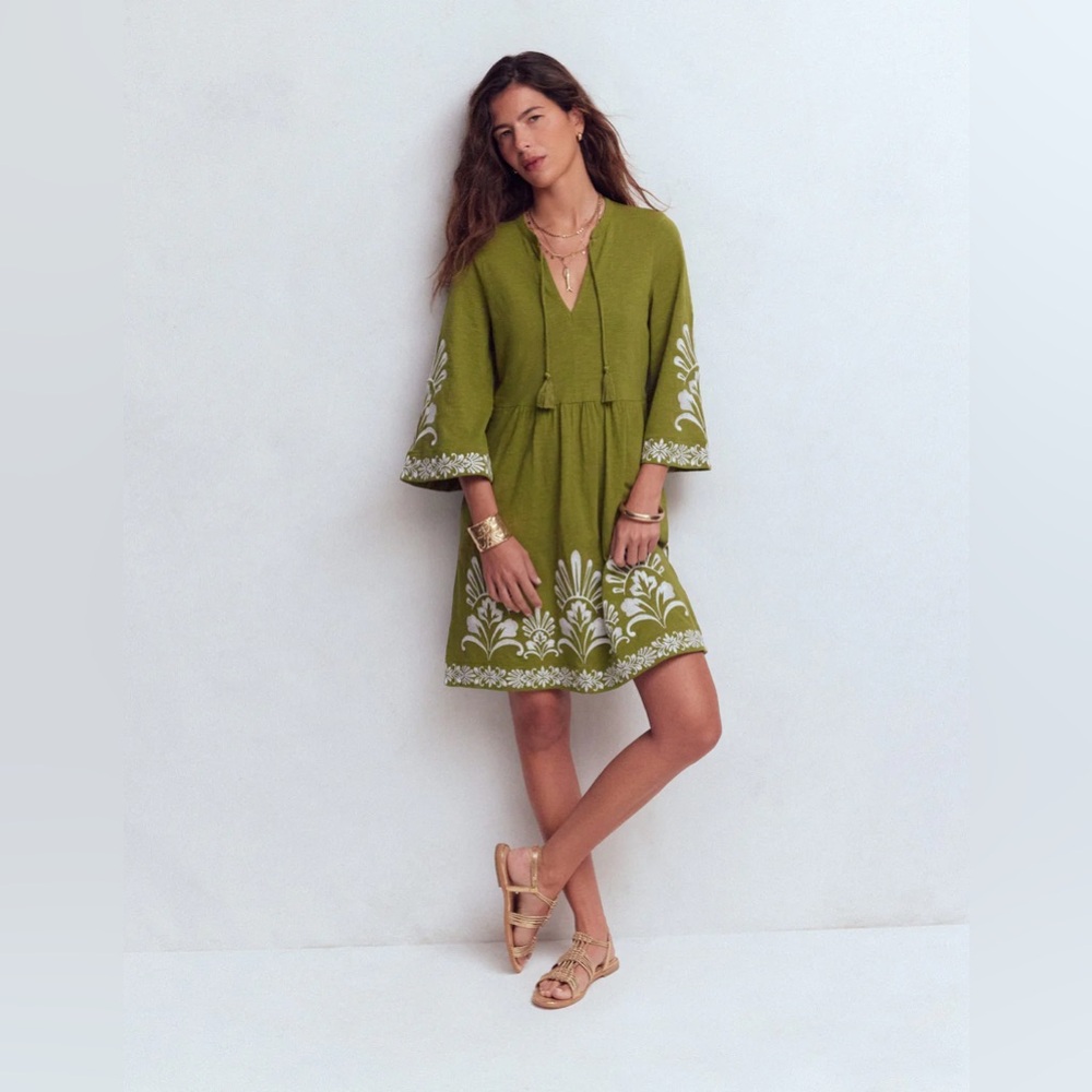NWT BODEN Short Kaftan Jersey Dress in Khaki Embroidered
